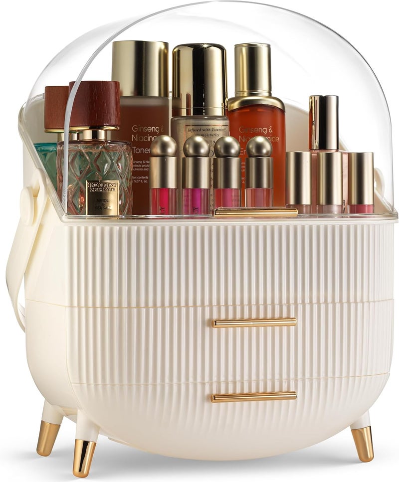 Oizeir Covered Makeup Cosmetic Countertop - Large Cosmetic Organizer - Trendy Oval Shape Storage for Skin Care Organizer - Clear Lid, Storage Drawers, Carry Handle - Cute Stylish Decor Solution (White) - Image 1
